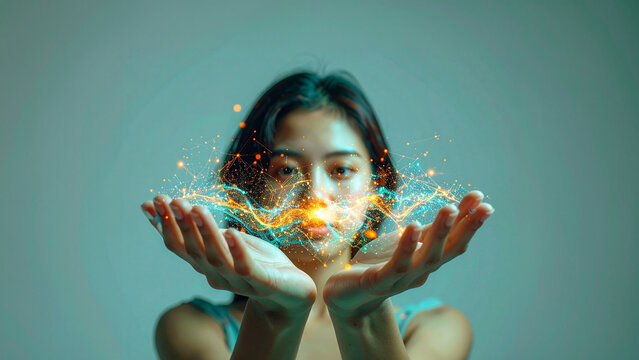 Woman holding glowing digital data network in hands, illustrating technology, innovation, and artificial intelligence. Ideal for digital campaigns, marketing, branding, tech concepts, and social media
