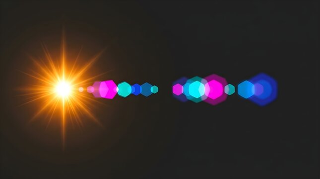 Anamorphic lens flare with vibrant bokeh circles, glowing orange sunburst on black background, cinematic light leak and optical flare effect