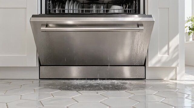 Dishwasher leak pouring from the open door onto white hexagonal kitchen floor tiles