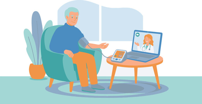 Telemedicine concept with senior man measuring blood pressure, online doctor consultation via laptop, elderly patient using digital tonometer at home