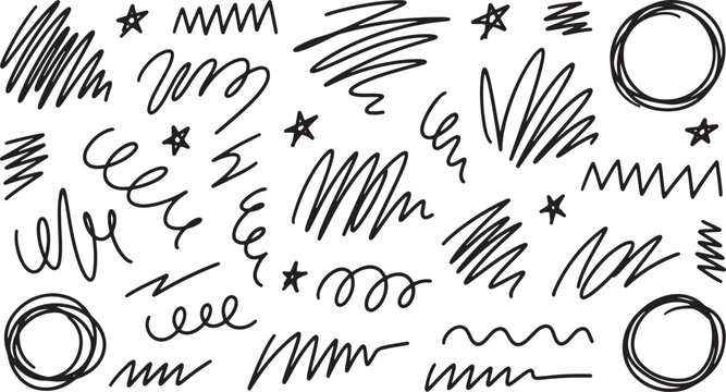 Hand drawn scribble vector set, black ink doodle sketches and messy pen strokes, abstract pencil line art elements for creative design projects