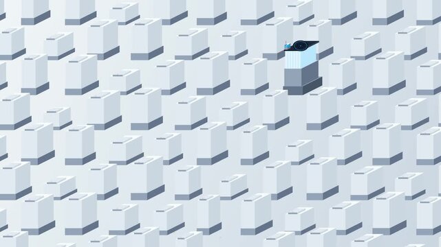Futuristic eVTOL aircraft approaching and landing on a high rise vertiport in an abstract blocky city showcasing urban air mobility and autonomous aerial transit technology