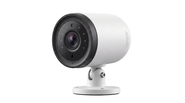 Security camera and surveillance device product photo. White and black IP camera with adjustable mount on isolated white background. Professional equipment for home and business protection
