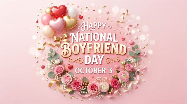 Soft light-pink background celebrating National Boyfriend Day &mdash; golden embossed "Happy National Boyfriend Day October 3" text surrounded by heart-shaped and round balloons in red/pink/white, pink and 