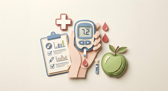 paper cut illustration representing diabetes management, glucose meter with blood drop, medical clipboard, and healthy apple on cream background