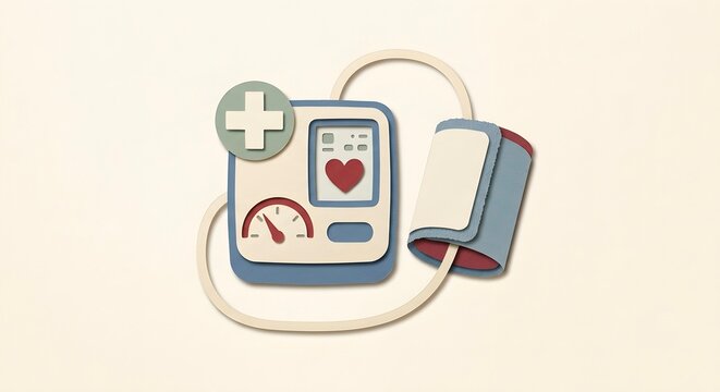 Paper cut illustration of blood pressure monitor with arm cuff and medical symbols