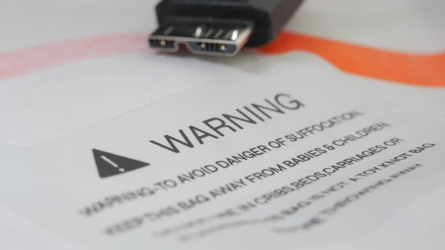 Close up view of warning text on plastic packaging with black usb cable connector in focus.
