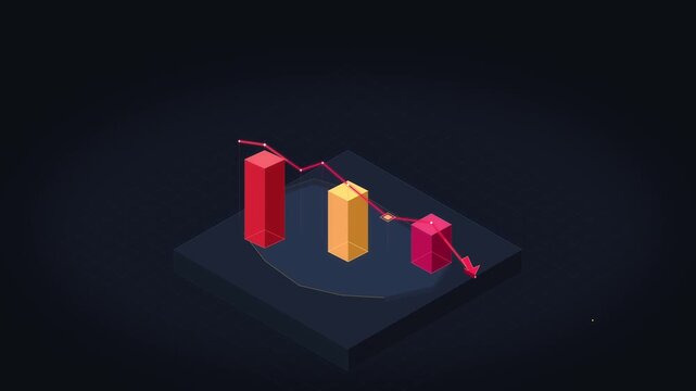 pixel art bar chart showing financial decline, decreasing graph with red line, stock market crash, economic recession, data analytics