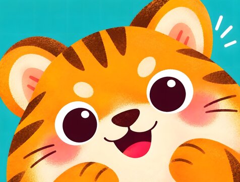 Cute Tiger Cub Face Close Up Cartoon Illustration on Turquoise Background