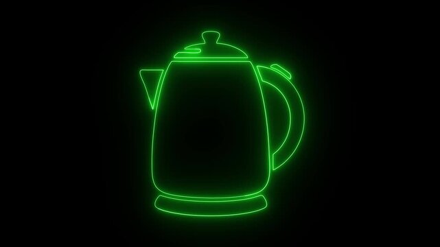 Neon green electric kettle icon glowing animation on black background, appliance kitchen de