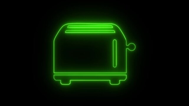 Neon green toaster icon animation glowing kitchen appliance symbol on black background des