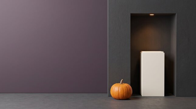 Halloween pumpkin with illuminated pedestal and purple wall