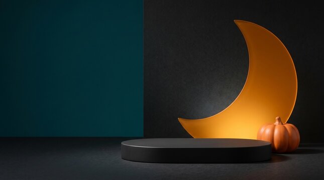 Halloween podium with glowing moon and pumpkin