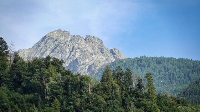 Blick auf einen massiven Berggipfel hinter einem Bergwald in Saltaus, S&uuml;dtirol