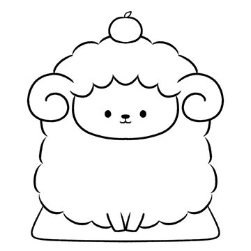 白黒　頭にみかんを乗せて座っている羊