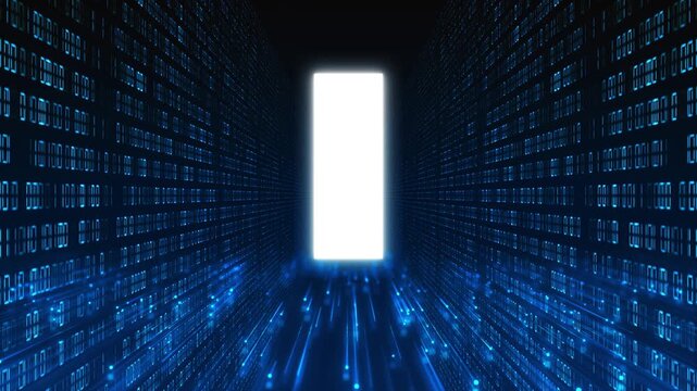 Glowing rows of digital numbers create a dramatic data tunnel a bright portal at the center, coding, encryption, artificial intelligence, database, cloud, analytics enterprise technology videos.
