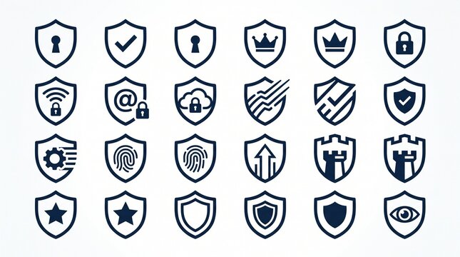 Minimalist shield icon collection featuring security protection symbols, cybersecurity badges, trust verification marks, and defense concepts.