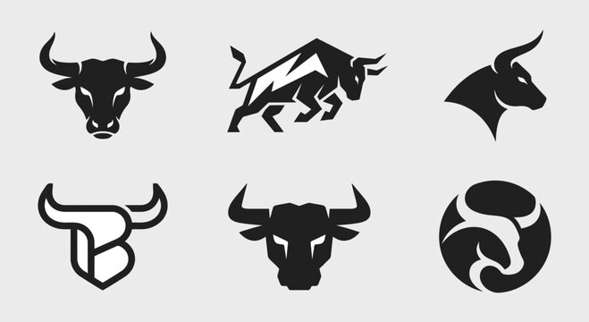 Black Bull Logo Vector Collection: Strong Taurus Mascot, Horned Ox, and Abstract Animal Icons for Business Branding