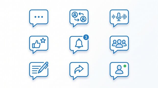 Minimalist chat bubble icon collection featuring messaging, communication, conversation, feedback, notifications, and social interaction symbols.