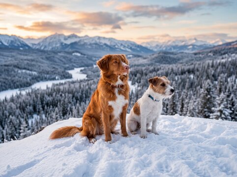 nova scotia retriever and jack russell on snowy hill  
