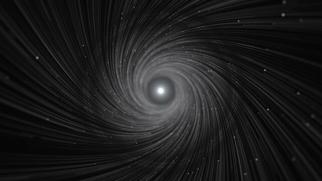 Black and white swirling particle tunnel forms a deep rotating funnel toward a luminous center, astrophysics, wormhole, gravity, space, simulation, infinity, acceleration dramatic transition visuals.