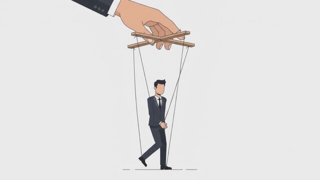 Flat vector illustration of a giant hand puppeteer controlling a businessman with strings on solid white background