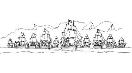 Fleet of Sailing Ships, Pirate Armada, Hand Drawn Style, Transparent Background © Ellaut