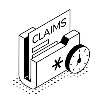 Black and white isometric illustration of claims folder with clock symbol representing an insurance claim waiting for review or processing. Clean line artwork.