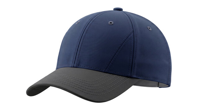 Modern navy blue baseball cap with a dark grey brim, classic sporty headwear design, isolated on transparent background