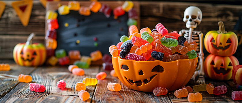 Festive Halloween still life featuring an orange pumpkin bowl overflowing with vibrant gummy candies on wooden table