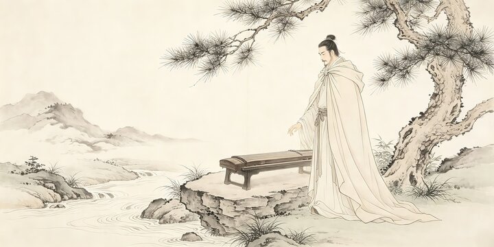 Chinese Scholar Standing By Guqin Under Pine Tree Water Edge Ink Wash