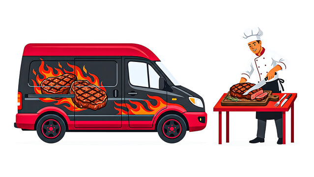 Flaming barbecue and steak food truck vector illustration