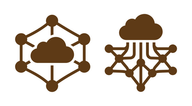 Brown cloud with connected network nodes and complex data structure symbol isolated on a white background, for cloud networking