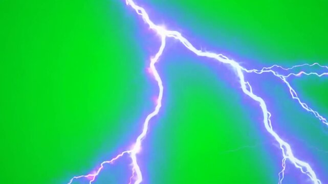 Branching violet-white lightning arcs crackling across a pure green screen background, high-voltage electricity VFX overlay, 4K stock video