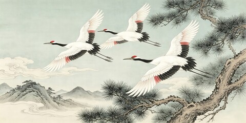 Fototapeta premium Four Red Crowned Cranes Flying Over Pine Branches Clouds Distant Mountains Ink Wash