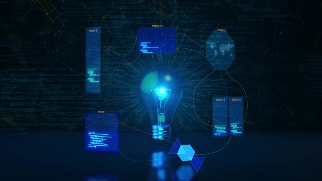 Illuminated technology bulb connects digital panels, code network graphics, discovery, intelligent solutions, startup ideas, automation, analysis, research, entrepreneurship future innovation.