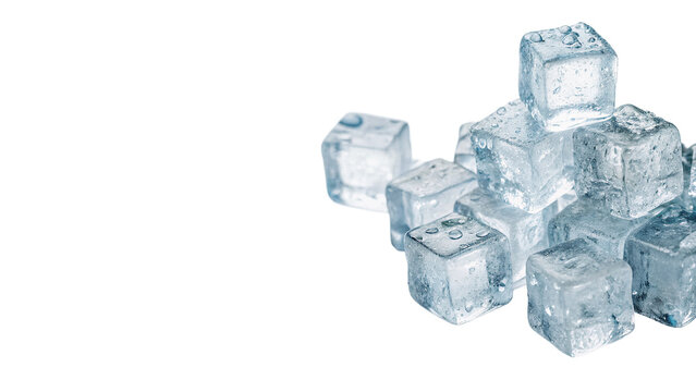 Pile group of cold clear translucent frozen water ice cubes isolated on transparent background.
