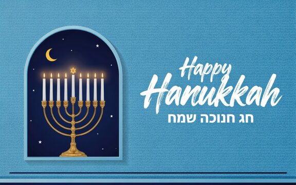 Hanukkah menorah greeting card. Lit candles and Star of David. Blue holiday background