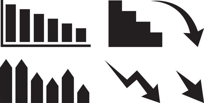 Financial Economic Crisis and Market Decline Bar Chart Icon Set with Black Downward Curved Arrows for Business Recession and Failure Data Analysis Vectors