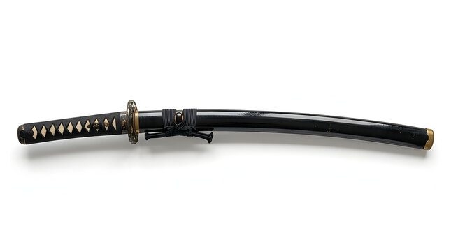 Traditional Japanese Katana sword in black scabbard isolated on white background.