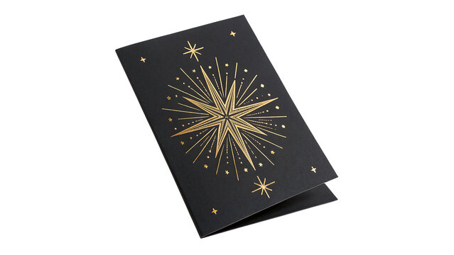 Closed vintage magic gold star tarot card notebook isolated on transparent background.