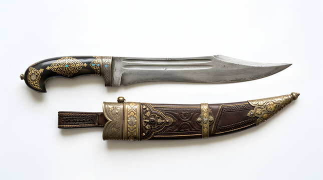 An ornate antique khanjar dagger with its matching decorated sheath.