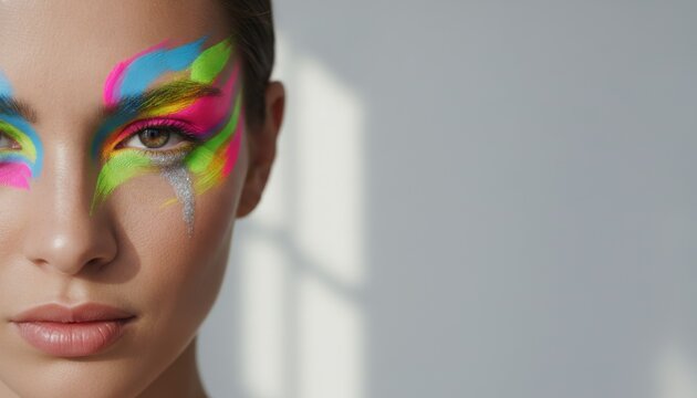 Woman with expressive colorful artistic makeup on face