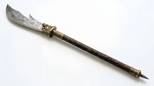 Antique Traditional Asian Polearm Weapon Isolated on White Background.
