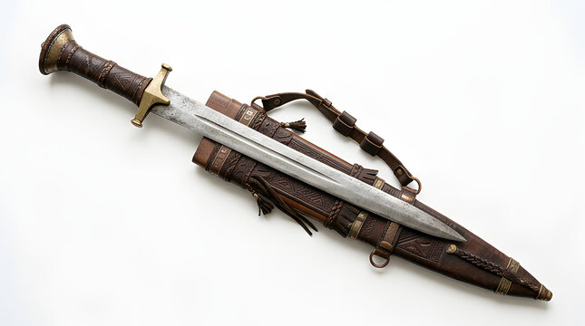 An ornate historical dagger with its leather scabbard resting on a white background.