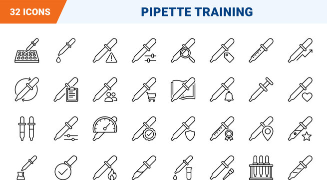 Pipette Lab Technician Training Web Icon Set in Linear Style. Collection of laboratory, technician, training, pipetting, calibration, procedure line icons, including.