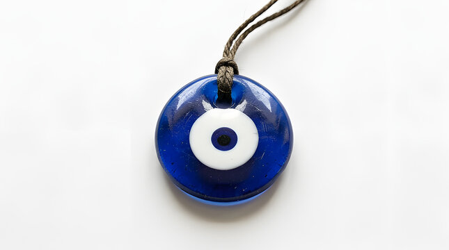 Traditional blue glass evil eye pendant amulet on a string.