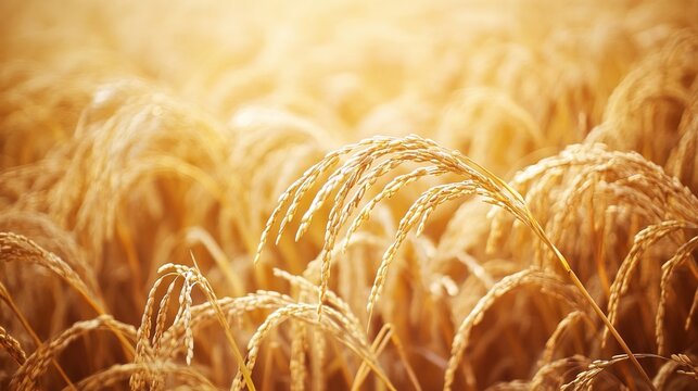 bending. Golden rice stalks sway in the wind under soft morning light, a serene agricultural landscape. safety posters.