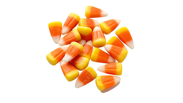 Small pile of colorful festive Halloween candy corn sweets isolated on transparent background.