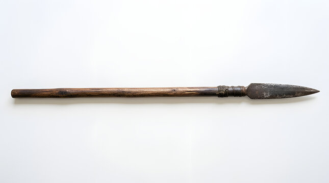 Ancient metal spearhead with wooden shaft isolated on white.